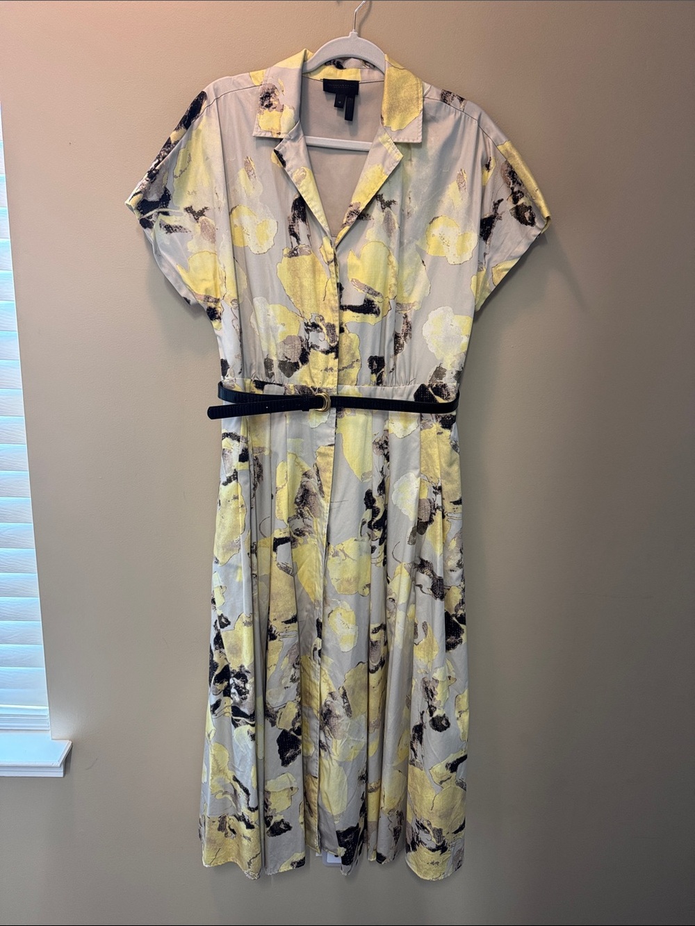 Donna Karan Yellow Floral Midi Shirt Dress
